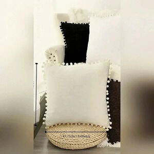 Toss Accent Pom Pom Trim Pillow Cases Cream Velvet Chenille Set Of 2